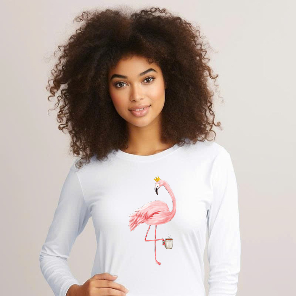 Queen Flamingo With Coffee Shirt Cute Animal Ladies Long Sleeve Shirt Gift For Coffee Lovers
